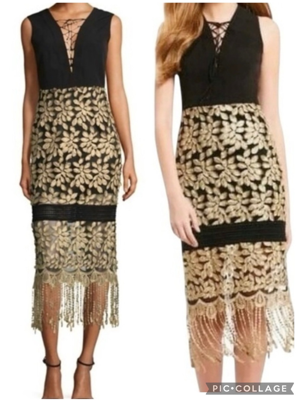 Belle Badgley Mischka Willa Black Gold Midi Fringe Dress 2 Cocktail Glam